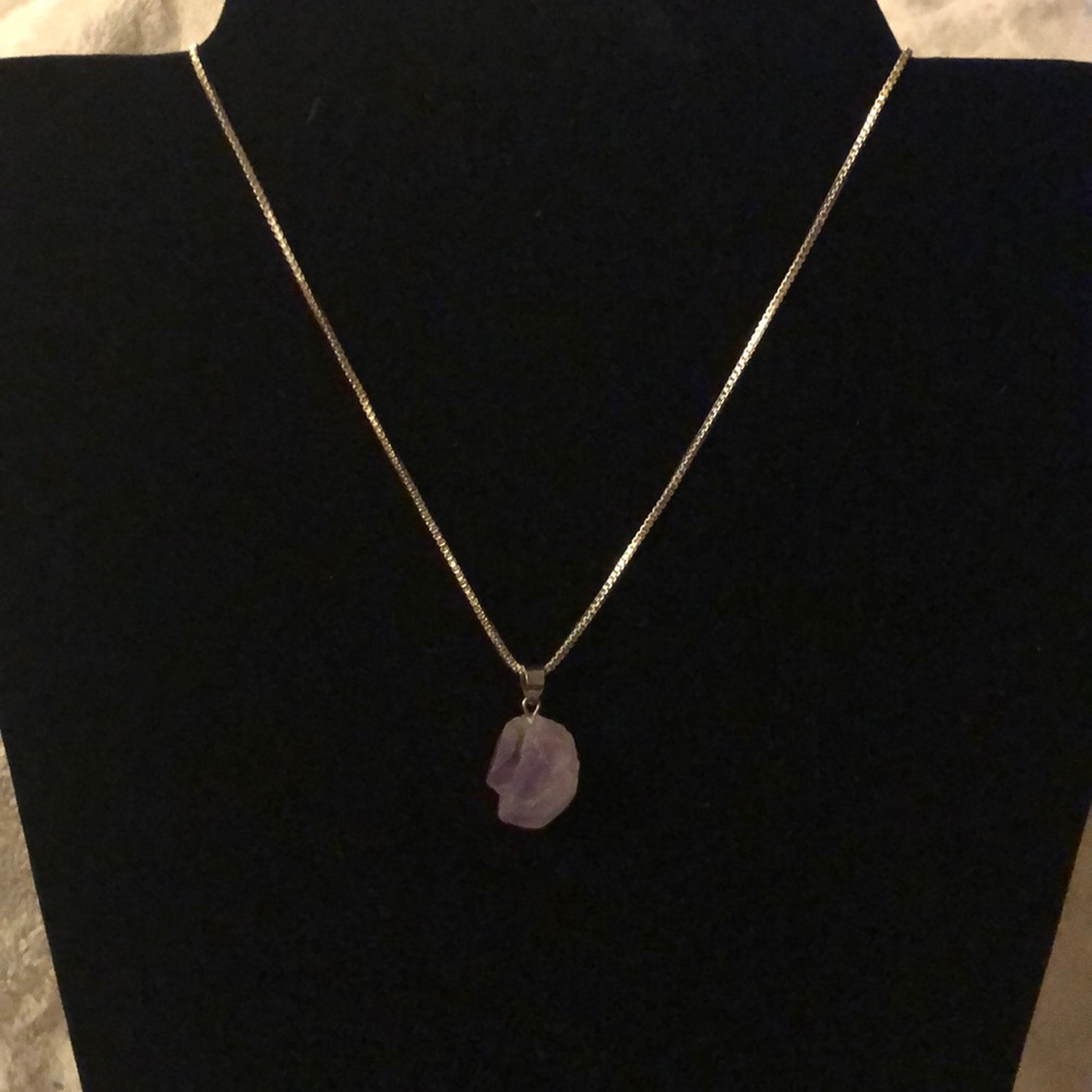 Genuine Amethyst Raw Cut Pendant On A 16” Chain.